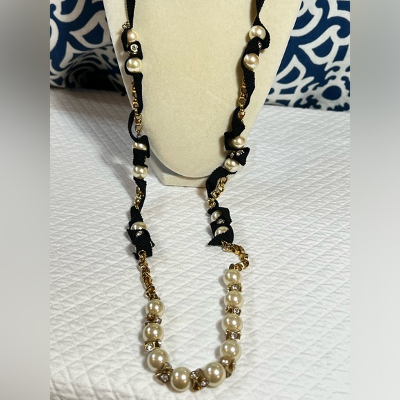 J. Crew Women's Ribbon-tied Long Pearl Crystal/Rhinestone Necklace - Picture 3 of 5